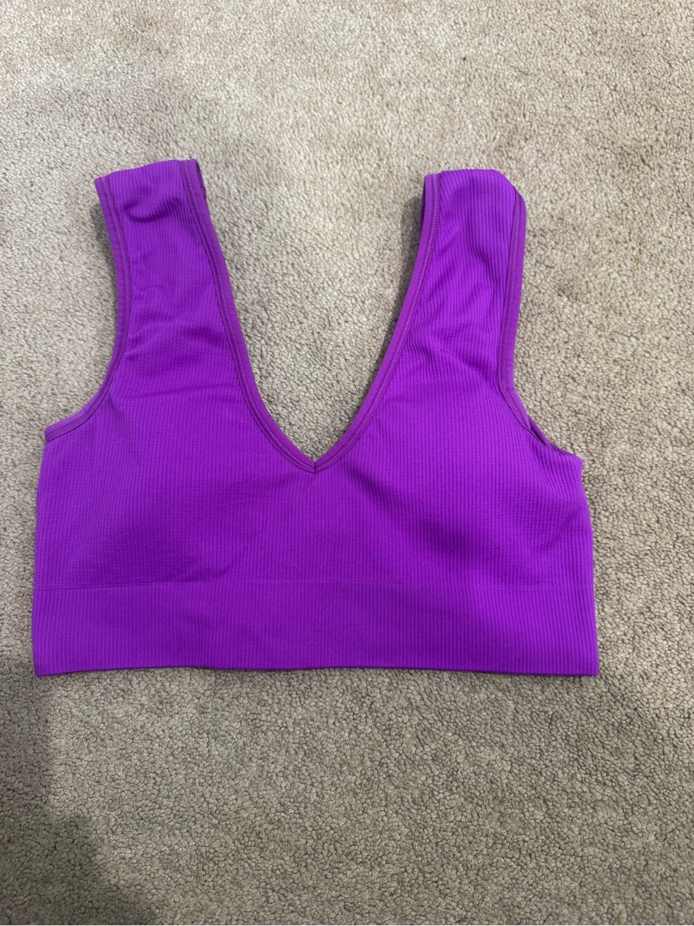 Purple Ribbed V-Neck Sports Bra